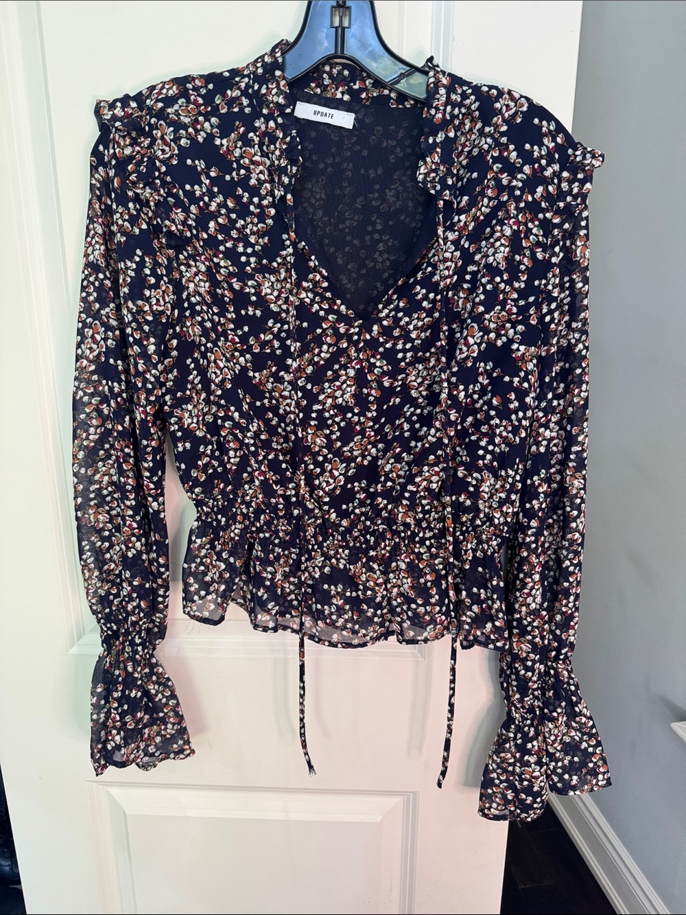 Aritzia Black Floral Ruffle Tie-Waist Blouse
